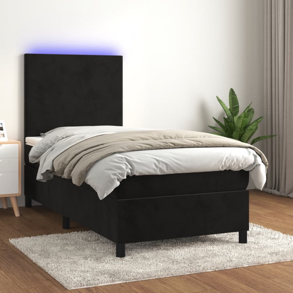 Black Velvet Box Spring Bed LED Pocket Spring Mattress King Single with Topper