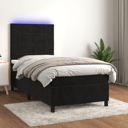 Black Box Spring Bed with LED Velvet Mattress King Single Adjustable Headboard