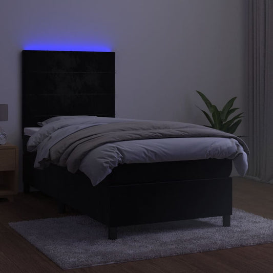 Black Box Spring Bed with LED Velvet Mattress King Single Adjustable Headboard
