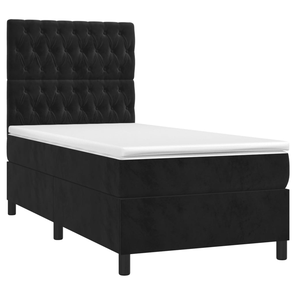 Black King Single Box Spring Bed with Velvet Pocket Spring Mattress LED
