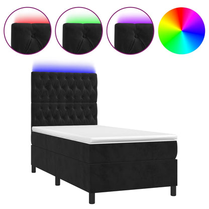 Black King Single Box Spring Bed with Velvet Pocket Spring Mattress LED