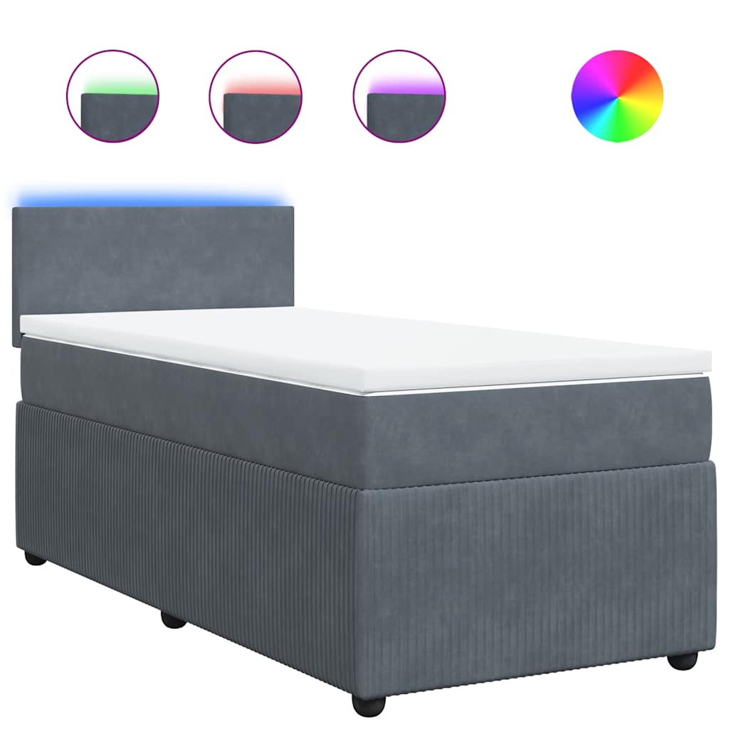Dark Grey Velvet Box Spring Bed with Pocket Spring Mattress and LED King Single