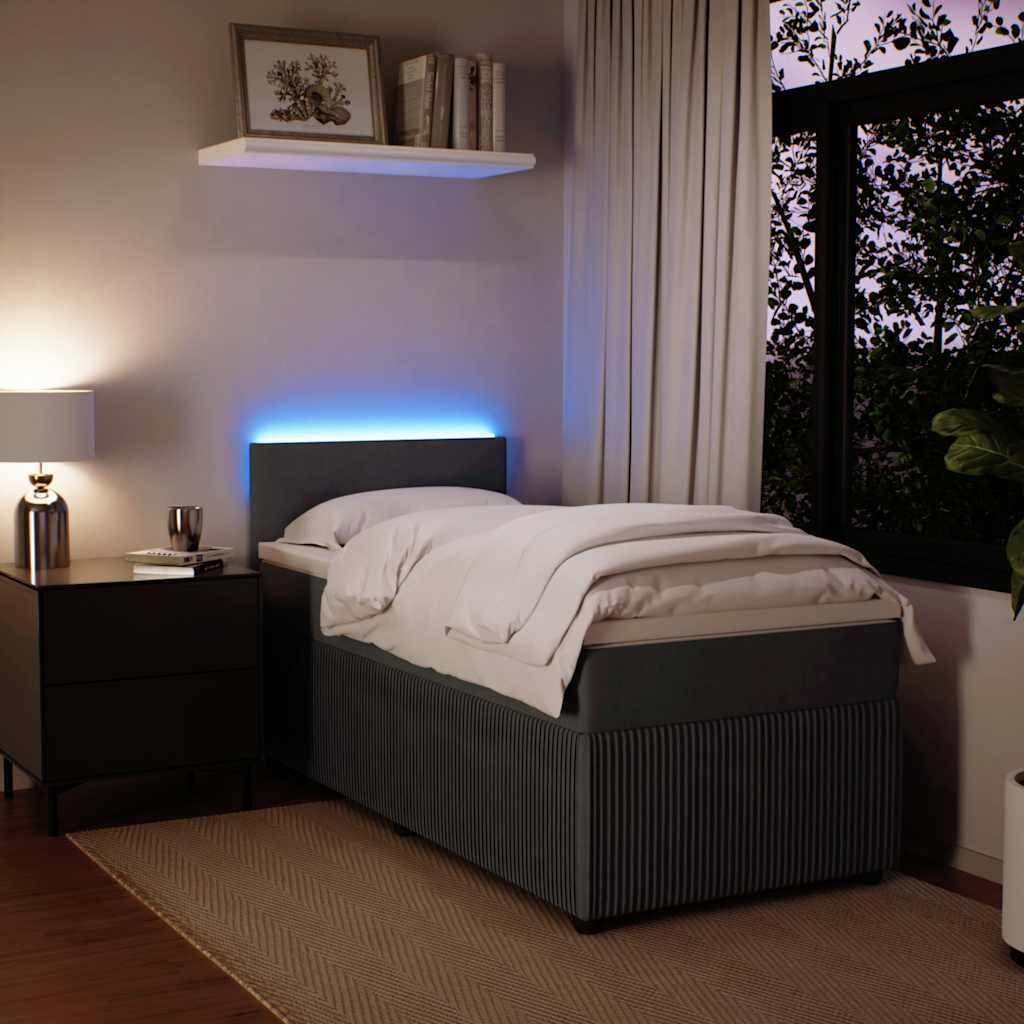 Dark Grey Velvet Box Spring Bed with Pocket Spring Mattress and LED King Single