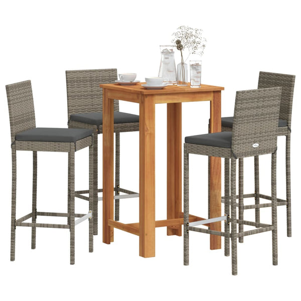  5 Pcs Garden Bar Set Grey Solid Wood Acacia and Poly Rattan