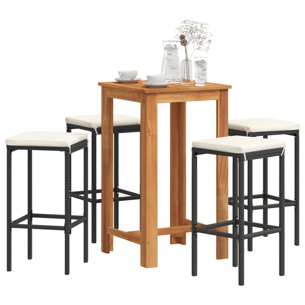  5-Piece Garden Bar Set Black Solid Wood Acacia and Poly Rattan