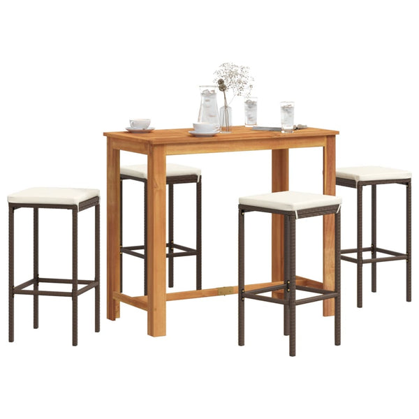  5 Piece Garden Bar Set Brown Solid Wood Acacia and Poly Rattan
