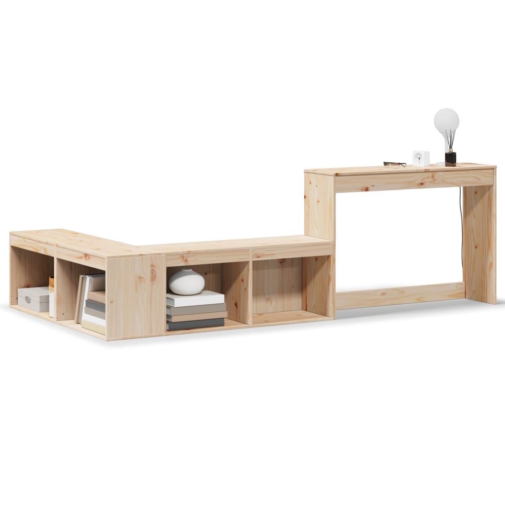 Solid Pinewood Bedside Cabinet with Desk L-Shaped Storage Unit 4 Compartments