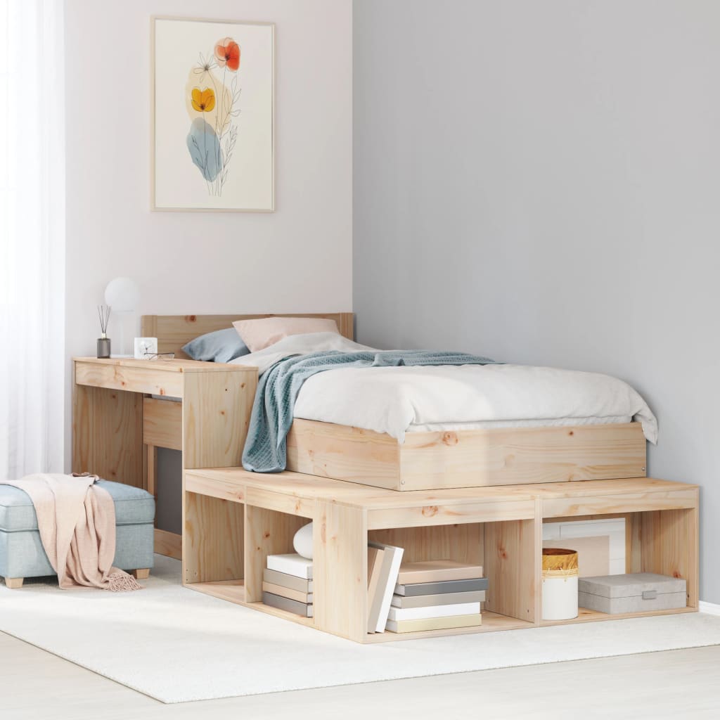 Solid Pinewood Bedside Cabinet with Desk L-Shaped Storage Unit 4 Compartments