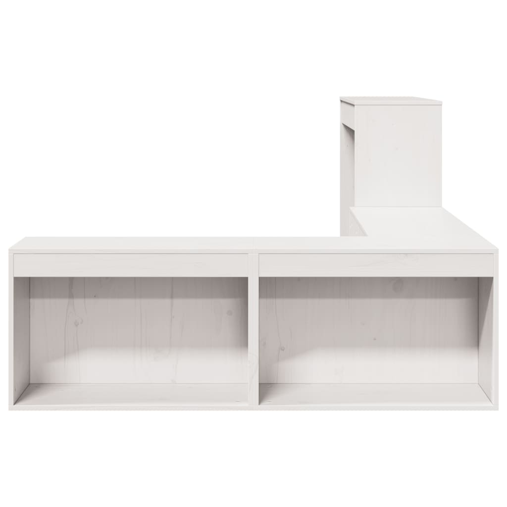 White Bedside Cabinet with Desk Solid Pinewood L-Shaped Storage Unit