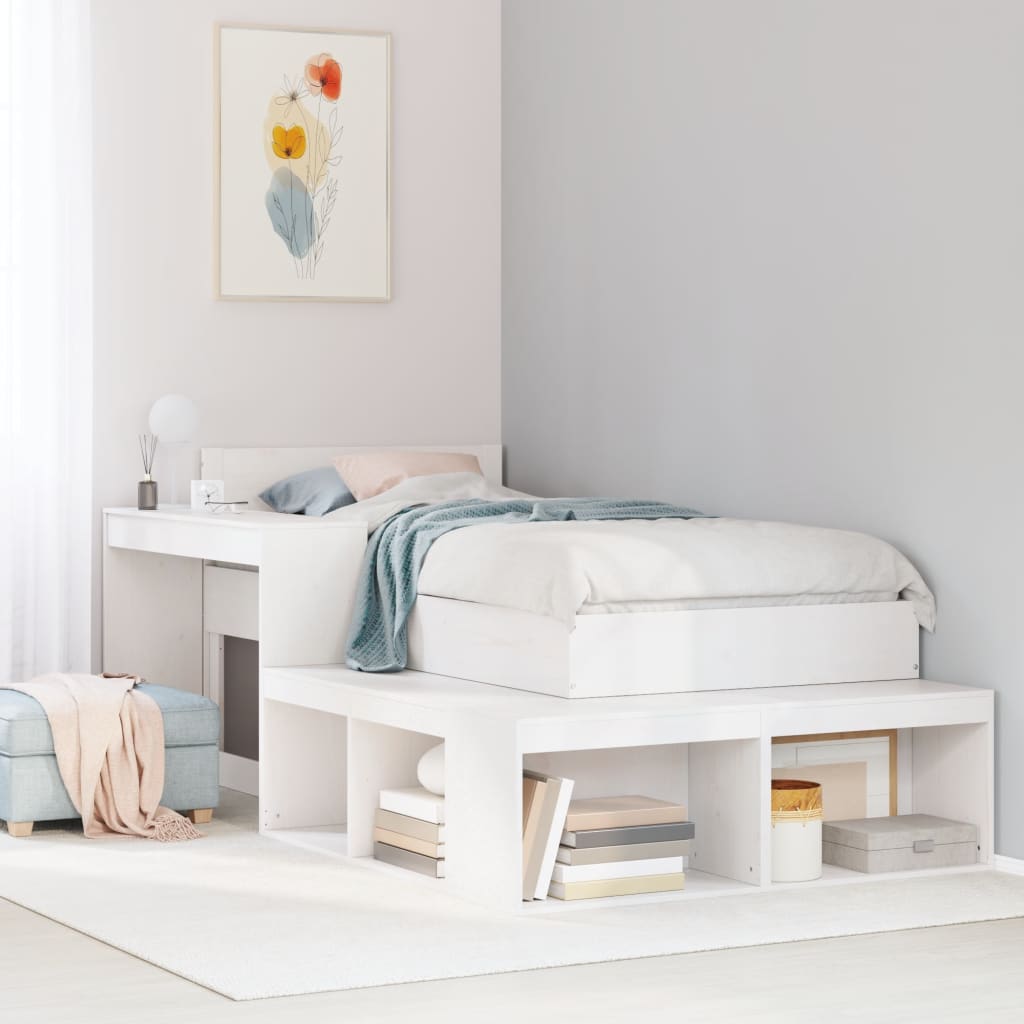 White Bedside Cabinet with Desk Solid Pinewood L-Shaped Storage Unit