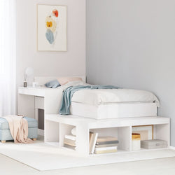 White Bedside Cabinet with Desk Solid Pinewood L-Shaped Storage Unit
