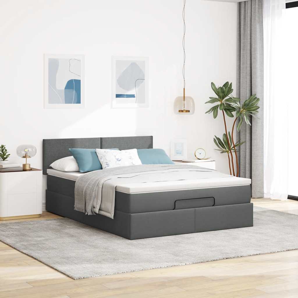 Ottoman Bed with Mattress & LEDs Dark Grey - Queen Fabric - 152×203×5cm