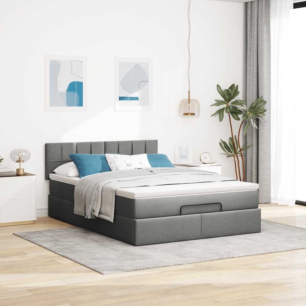 Ottoman Bed with Mattress & LEDs Dark Grey - Queen Fabric - 152×203×20cm