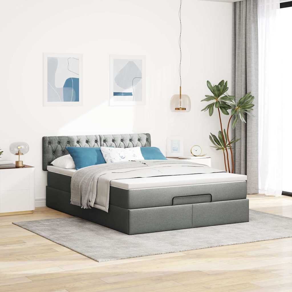 Ottoman Bed with Mattress & LEDs Dark Grey - Queen Fabric - 152×203×20cm