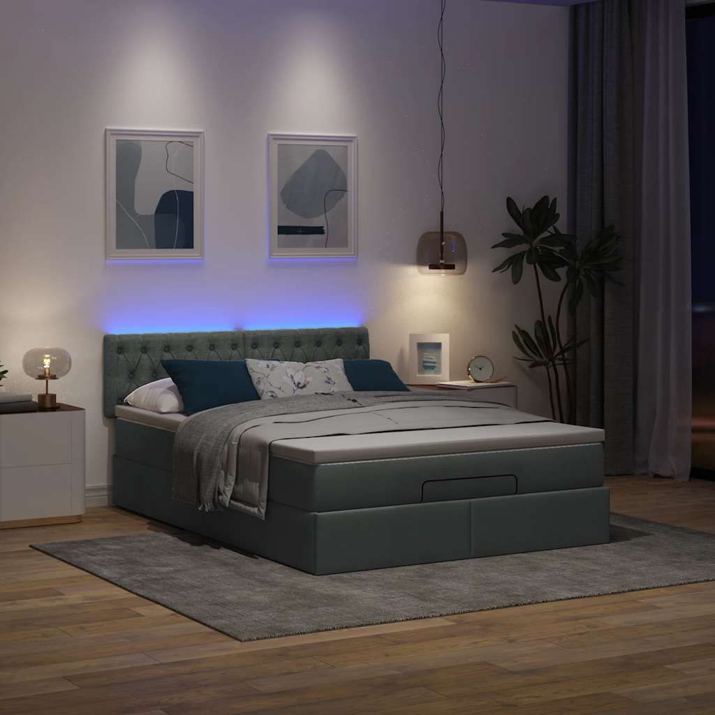 Ottoman Bed with Mattress & LEDs Dark Grey - Queen Fabric - 152×203×20cm