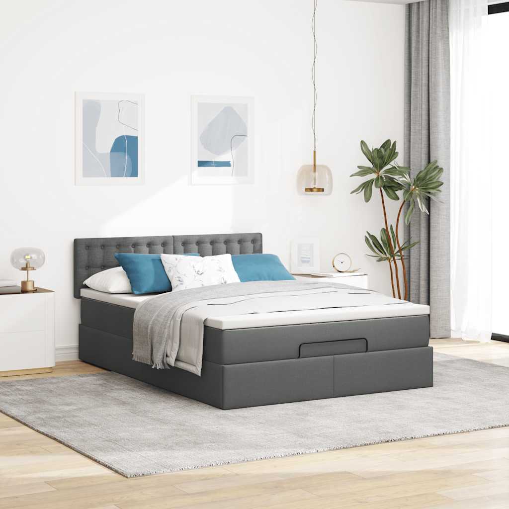Ottoman Bed with Mattress & LEDs Dark Grey Double - Fabric