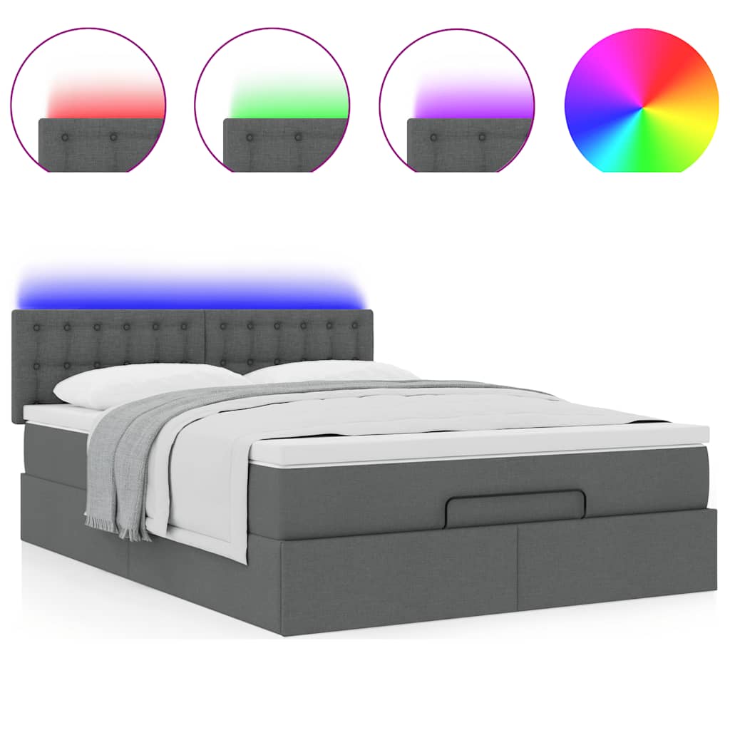 Ottoman Bed with Mattress & LEDs Dark Grey - Queen Fabric - 152×203×20cm