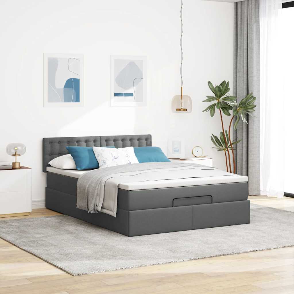 Ottoman Bed with Mattress & LEDs Dark Grey - Queen Fabric - 152×203×20cm