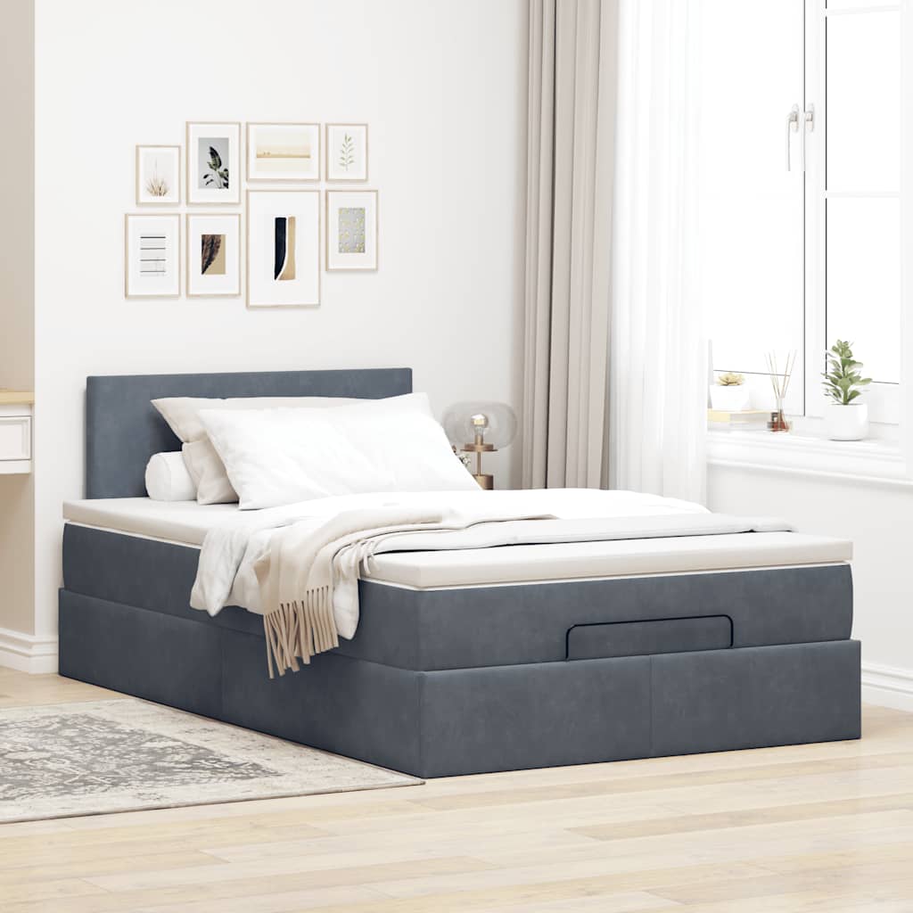 Dark Grey King Single Ottoman Bed with Velvet Pocket Spring Mattress & LED