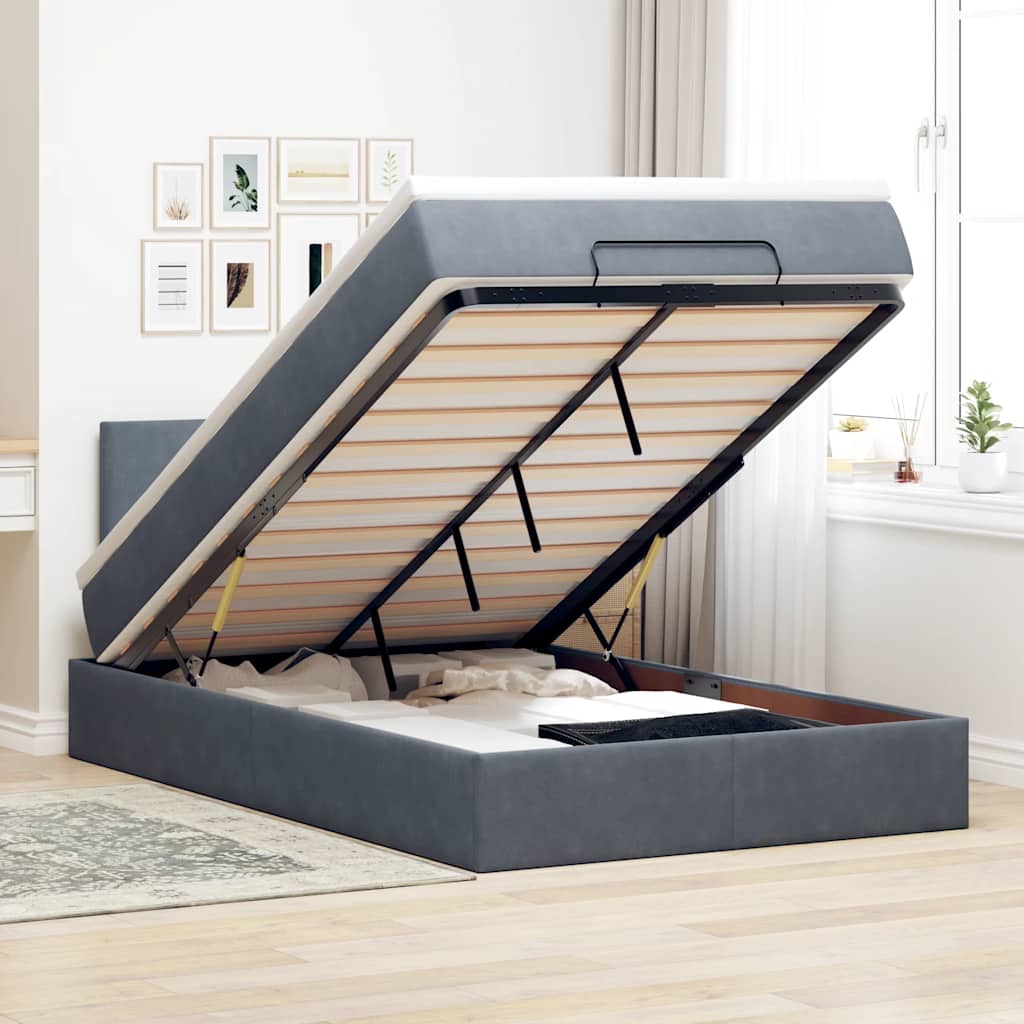 Dark Grey King Single Ottoman Bed with Velvet Pocket Spring Mattress & LED