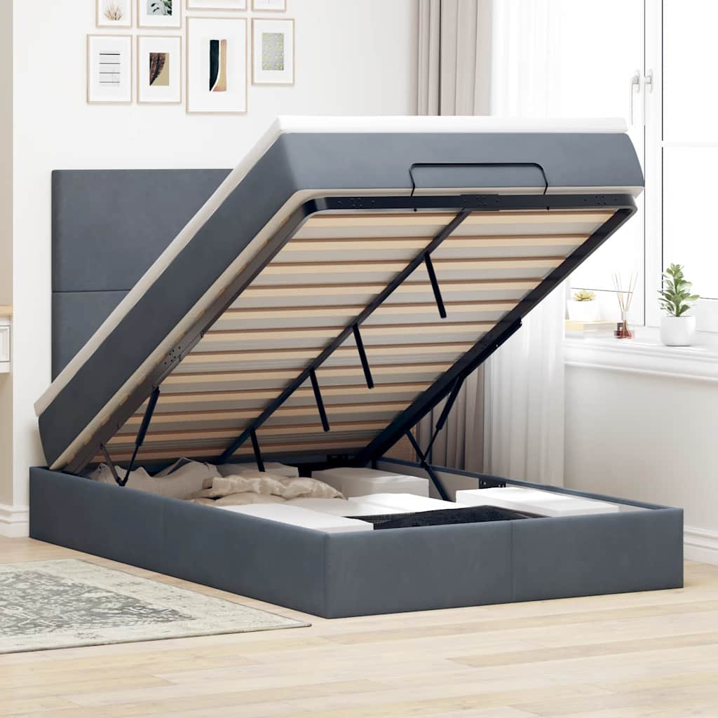 Dark Grey Ottoman Bed with Pocket Spring Velvet Mattress King Single