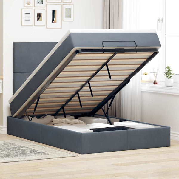  Dark Grey Ottoman Bed with Pocket Spring Velvet Mattress King Single