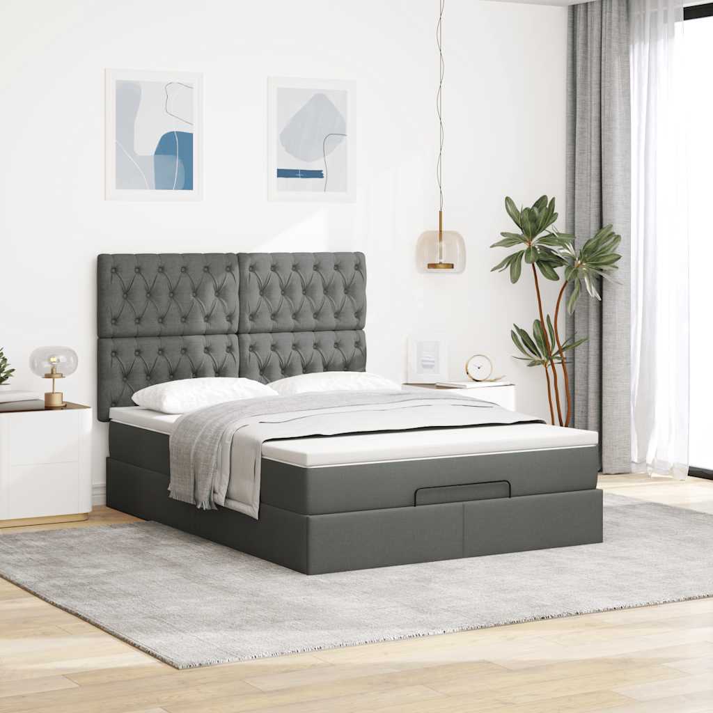 Ottoman Bed with Mattress & LEDs Dark Grey - Double Fabric