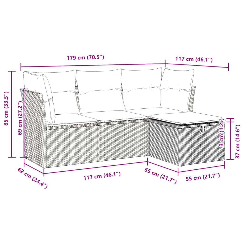 4 Piece Garden Sofa Set with Cushions Grey Poly Rattan Acacia - Durable & Chic