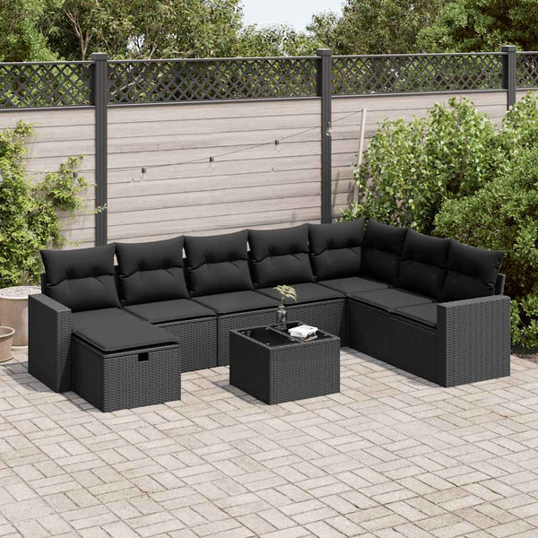  Garden Sofa Set with Cushions Modular Sofa 9 Pcs Black Poly Rattan - Elegant & Comfortable