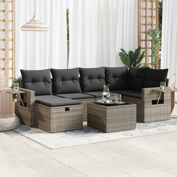  7 Piece Garden Sofa Set with Cushions Grey Poly Rattan - Modern Comfort