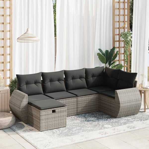  6 Pcs Garden Sofa Set with Cushions Grey Poly Rattan - Stylish Comfort