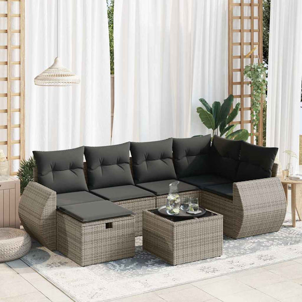  7 Pcs Garden Sofa Set with Cushions Grey Poly Rattan - Modern Comfort