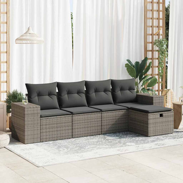  5 Piece Garden Sofa Set with Cushions Grey Poly Rattan - Outdoor Luxury