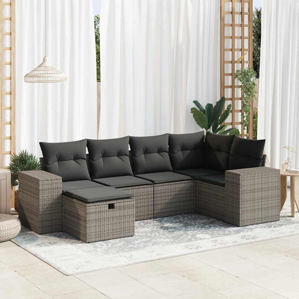  6 Pcs Garden Sofa Set with Cushions Grey Poly Rattan - Outdoor Comfort