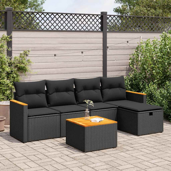  6 Pcs Garden Sofa Set with Cushions Black Poly Rattan - Sleek