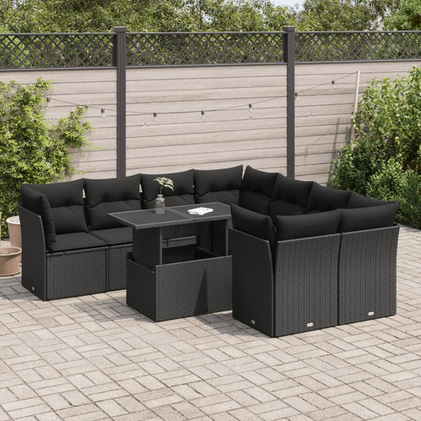  Garden Sofa Set with Cushions Modular Sofa 9 Piece Black Poly Rattan - Sleek & Functional