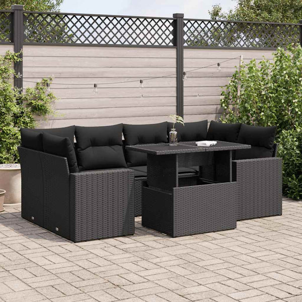  Garden Sofa Set with Cushions Modular Sofa 7 Pcs Black Poly Rattan - Elegant & Comfortable