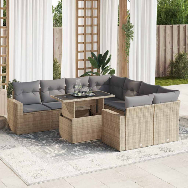  Garden Sofa Set with Cushions Modular Sofa 9 Piece Beige Poly Rattan - Outdoor Relaxation