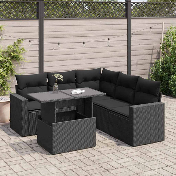  Garden Sofa Set with Cushions Modular Sofa 6 Piece Black Poly Rattan  - Relax in Style