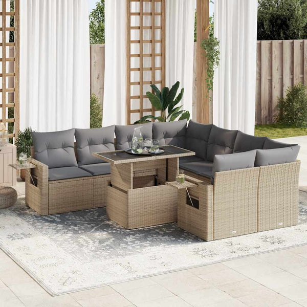  9 Piece Garden Sofa Set with Cushions Beige Poly Rattan - Outdoor Luxury