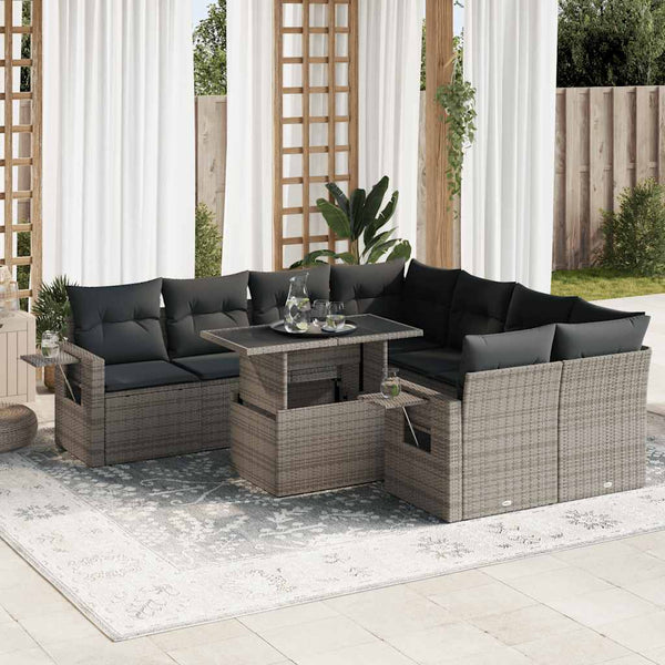  9 Pcs Garden Sofa Set with Cushions Grey Poly Rattan - Durable & Chic