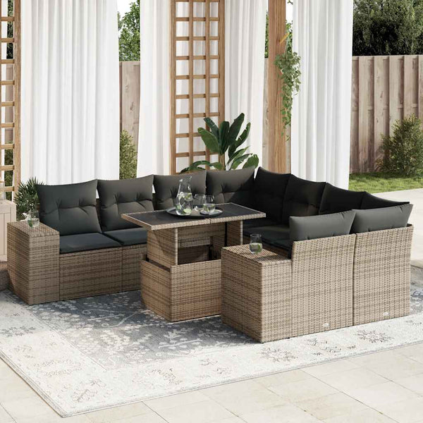  9 Piece Garden Sofa Set with Cushions Grey Poly Rattan - Outdoor Luxury