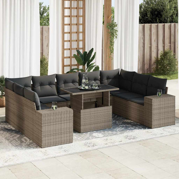  10 Piece Garden Sofa Set with Cushions Grey Poly Rattan - Outdoor Luxury