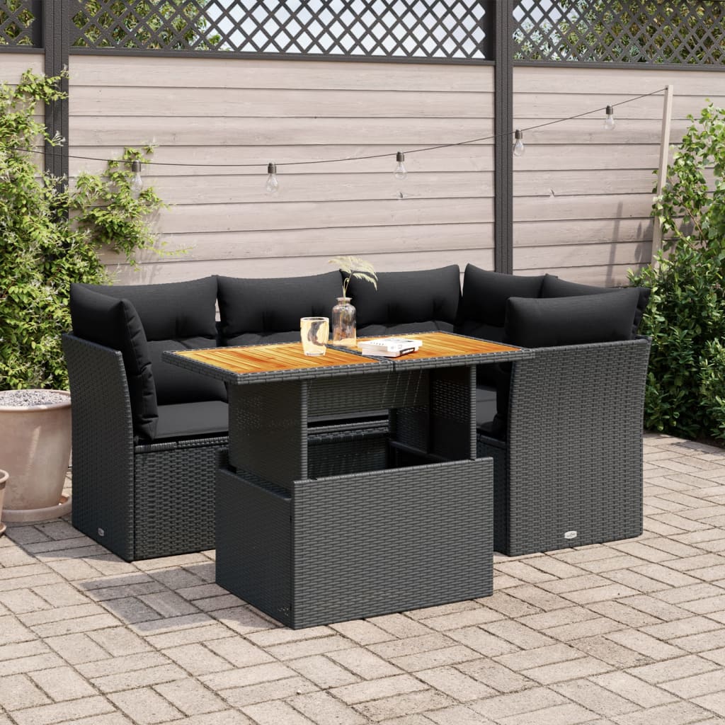 Garden Sofa Set with Cushions Couch 5 Piece Black Poly Rattan Acacia