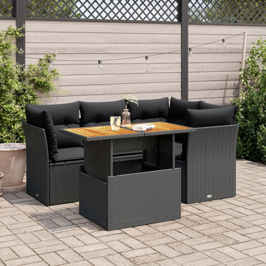 Garden Sofa Set with Cushions Couch 5 Piece Black Poly Rattan Acacia