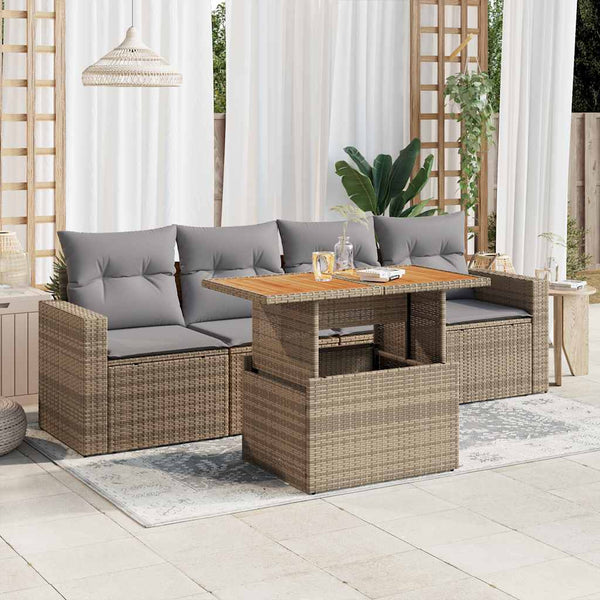  5 Piece Garden Sofa Set with Cushions Beige Poly Rattan - Outdoor Comfort