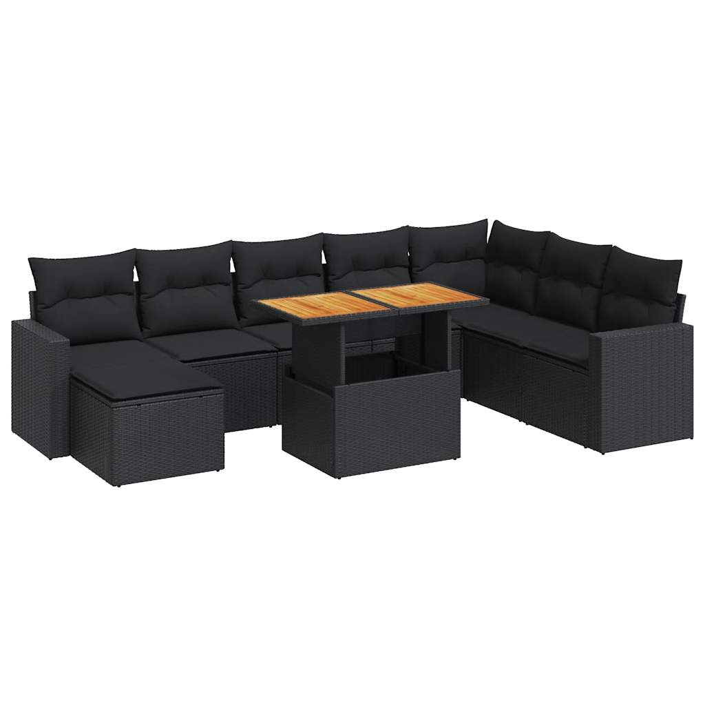 9 Piece Garden Sofa Set with Cushions Black Poly Rattan - Stylish & Versatile - 55×53×34cm