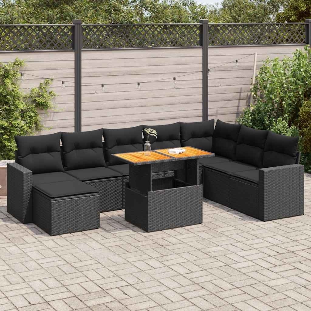 9 Piece Garden Sofa Set with Cushions Black Poly Rattan - Stylish & Versatile - 55×53×34cm