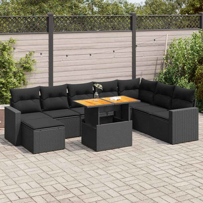 9 Piece Garden Sofa Set with Cushions Black Poly Rattan - Stylish & Versatile - 55×53×34cm