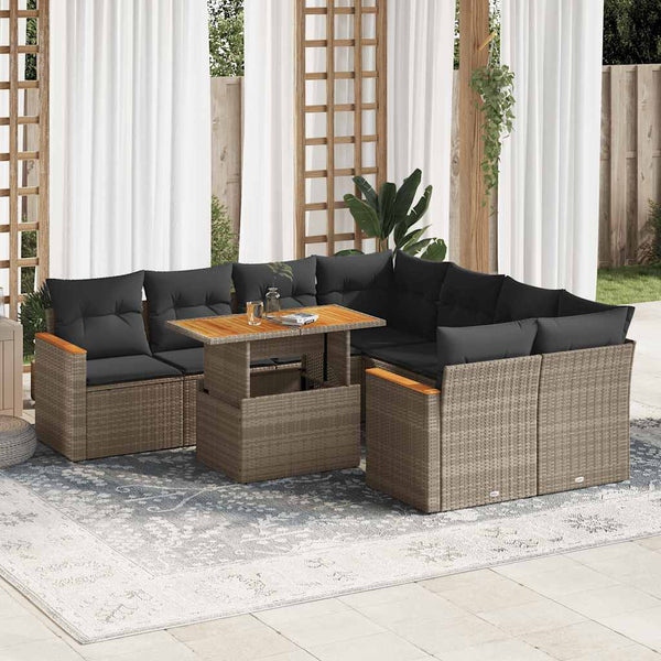  9 Piece Garden Sofa Set with Cushions Grey Poly Rattan Acacia - Comfort & Style